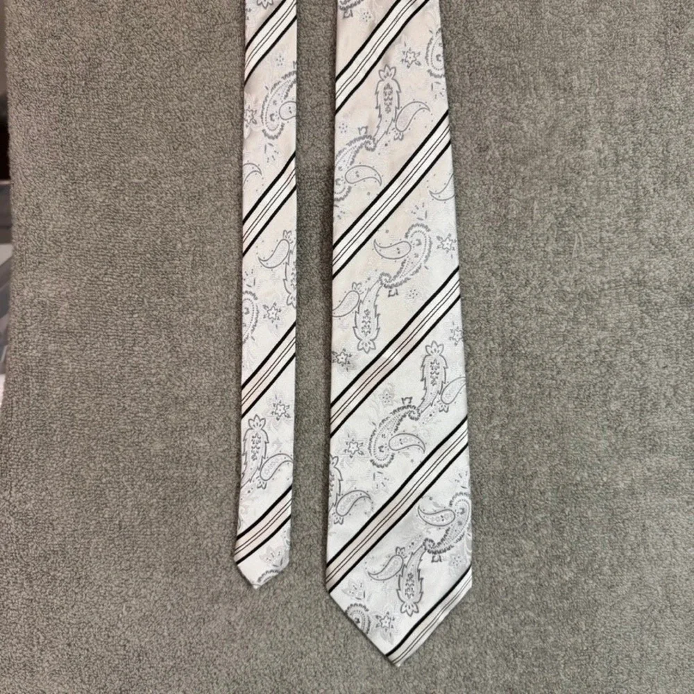 Steve Harvey Collection Mens Silk Tie Silver White Paisley Black Stripe Formal
